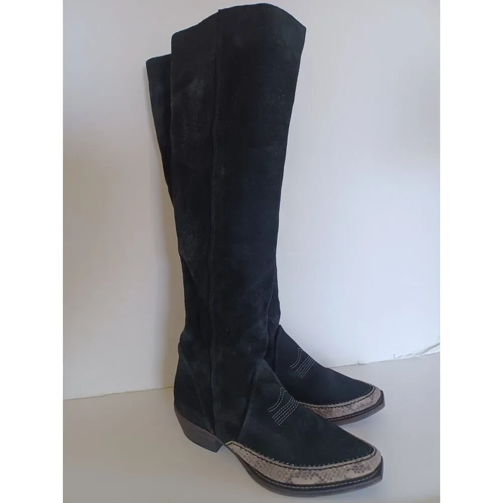 Free People Boho Western Boot Sterling Knee Hi Tall Slouchy Black Suede Euro 38
